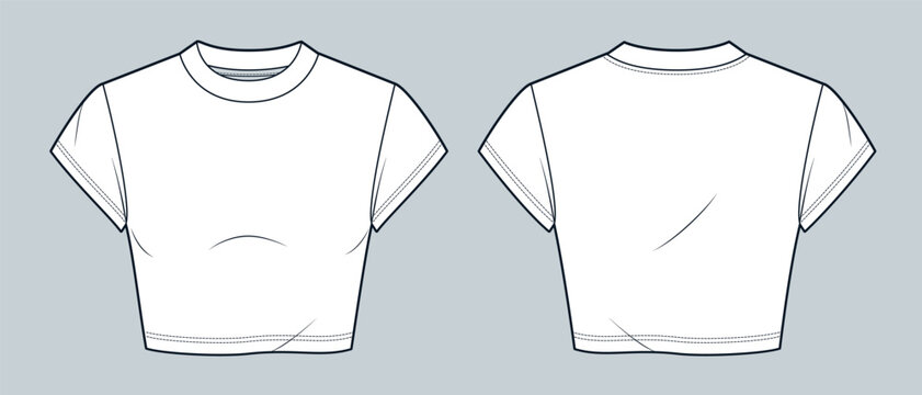 Cropped Tee Shirt technical fashion illustration. Crop top fashion flat technical drawing template, cap sleeves, round neck, slim fit, front and back view, white, women, men, unisex CAD mockup.
