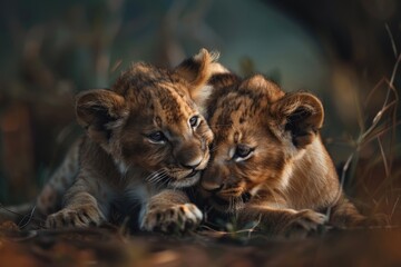 Naklejka premium Two lion cubs playing together in an African savannah background, with high resolution photography.