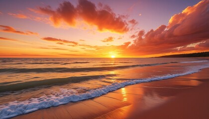 Naklejka premium A stunning sunset over a tranquil beach casts warm hues across the sky, inviting everyone to pause and appreciate nature's breathtaking beauty, Generative AI