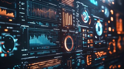 Obraz premium Glowing Futuristic Interface with Holographic Data Visualization for Advanced Analytics and