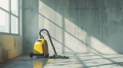 Vacuum cleaner in the style of modern office interior, cleaning equipment for commercial building with window and floor, yellow canister style hoovering tool on clean concrete flooring.