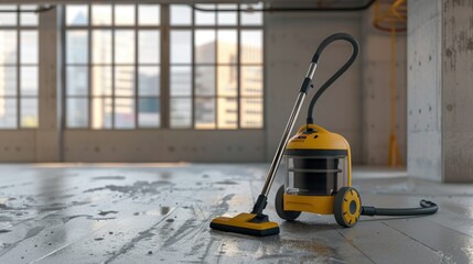 Vacuum cleaner in the style of modern office interior, cleaning equipment for commercial building with window and floor, yellow canister style hoovering tool on clean concrete flooring.