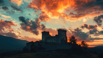 Obraz premium Dramatic Sunset Over Ancient Castle Landscape