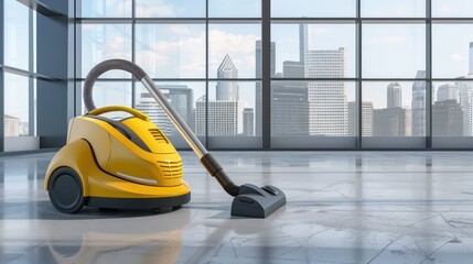Vacuum cleaner in the style of modern office interior, cleaning equipment for commercial building with window and floor, yellow canister style hoovering tool on clean concrete flooring.