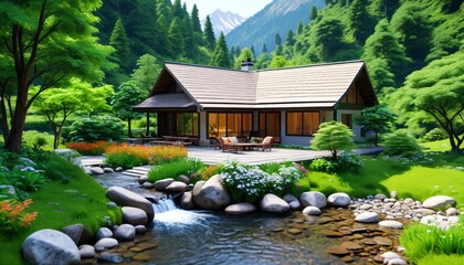 A peaceful mountain retreat surrounded by lush greenery and gentle streams encourages relaxation and contemplation in a natural setting, Generative AI