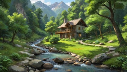 A peaceful mountain retreat surrounded by lush greenery and gentle streams encourages relaxation and contemplation in a natural setting, Generative AI