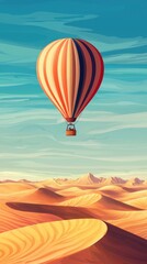 Fototapeta premium Hot Air Balloon Soaring Over Arid Desert Landscape With Vibrant Hues and Geometric Patterns