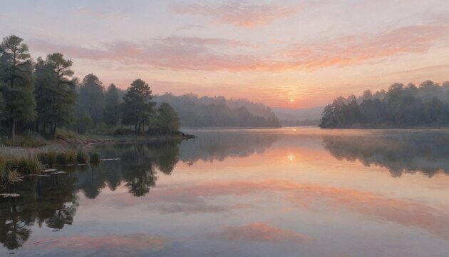 A serene lakeside at dawn reflects the soft hues of sunrise, inviting mindfulness and tranquility in nature's embrace, Generative AI