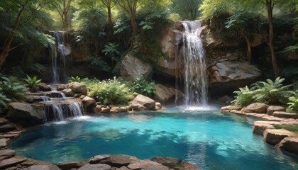 A soothing waterfall cascades into a crystal-clear pool, creating a harmonious environment that encourages relaxation and mindfulness, Generative AI