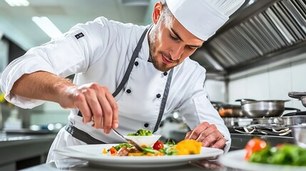 Chef Plating Dish with Precision in Professional Kitchen