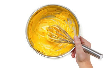 Welling metal bowl with liquid yellow cream and whisk isolated on white background, top view.