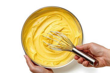 Welling metal bowl with liquid yellow cream and whisk isolated on white background, top view.