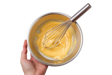 Welling metal bowl with liquid yellow cream and whisk isolated on white background, top view.