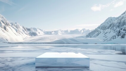 White glass cube podium on ice, background of mountains and glaciers in the Arctic. Mockup for design in the style of an Arctic landscape.