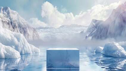 White glass cube podium on ice, background of mountains and glaciers in the Arctic. Mockup for design in the style of an Arctic landscape.