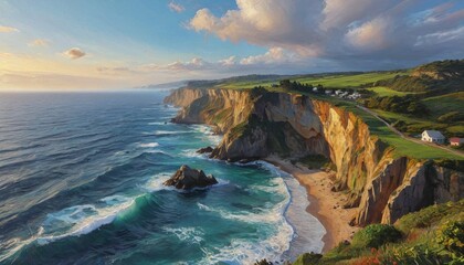 A picturesque coastal cliff overlooking the ocean creates a breathtaking view, inviting deep breaths and moments of peace in nature�s splendor, Generative AI