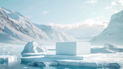 White glass cube podium on ice, background of mountains and glaciers in the Arctic. Mockup for design in the style of an Arctic landscape.