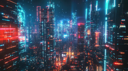 Vibrant neon cityscape in a futuristic metropolis under a starlit sky at dusk