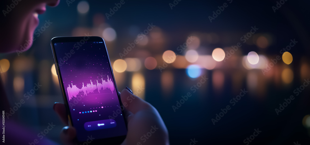 Poster a nighttime shot of someone interacting with a smartphone displaying a dynamic purple waveform, agai