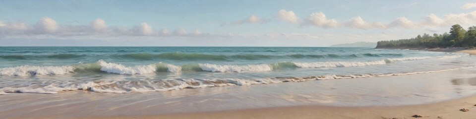 A calming beach scene with gentle waves lapping at the shore promotes a sense of serenity and connection to the rhythm of nature, Generative AI
