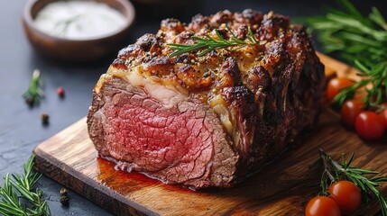 Prime Rib Roast on Wooden Board with Herbs