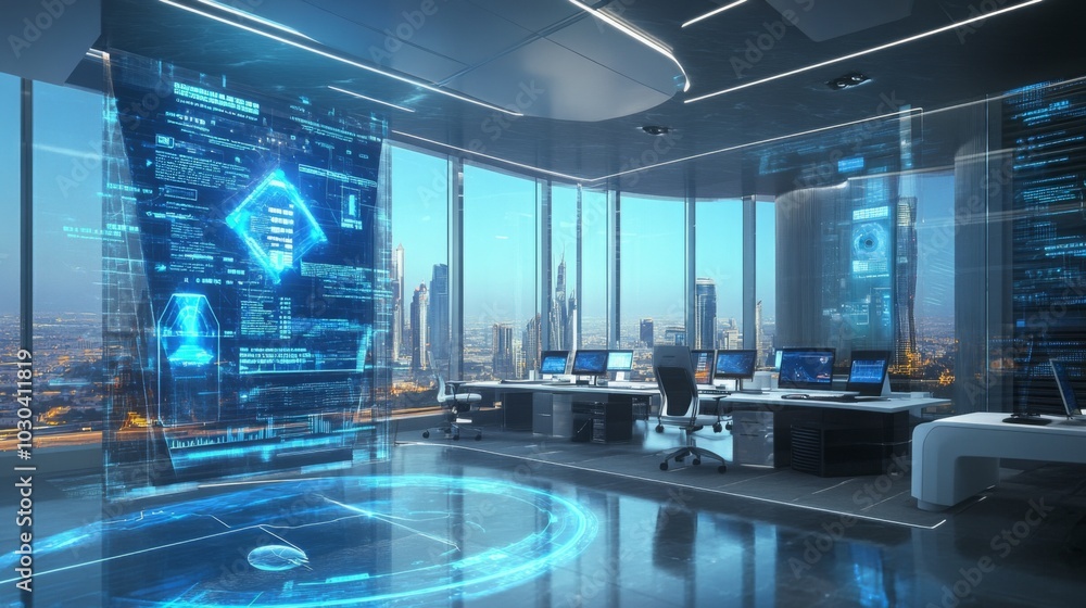 Poster a modern office space features high-tech screens displaying data and analytics, with panoramic views