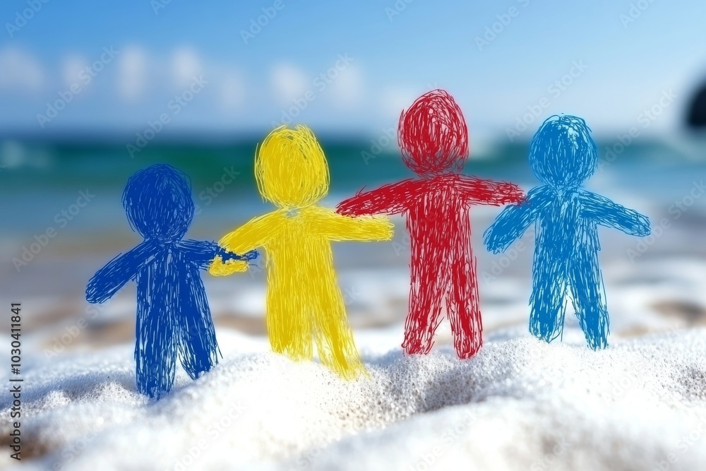 Poster colorful figurines standing on a sandy beach with a blurred ocean backdrop symbolizing unity friends