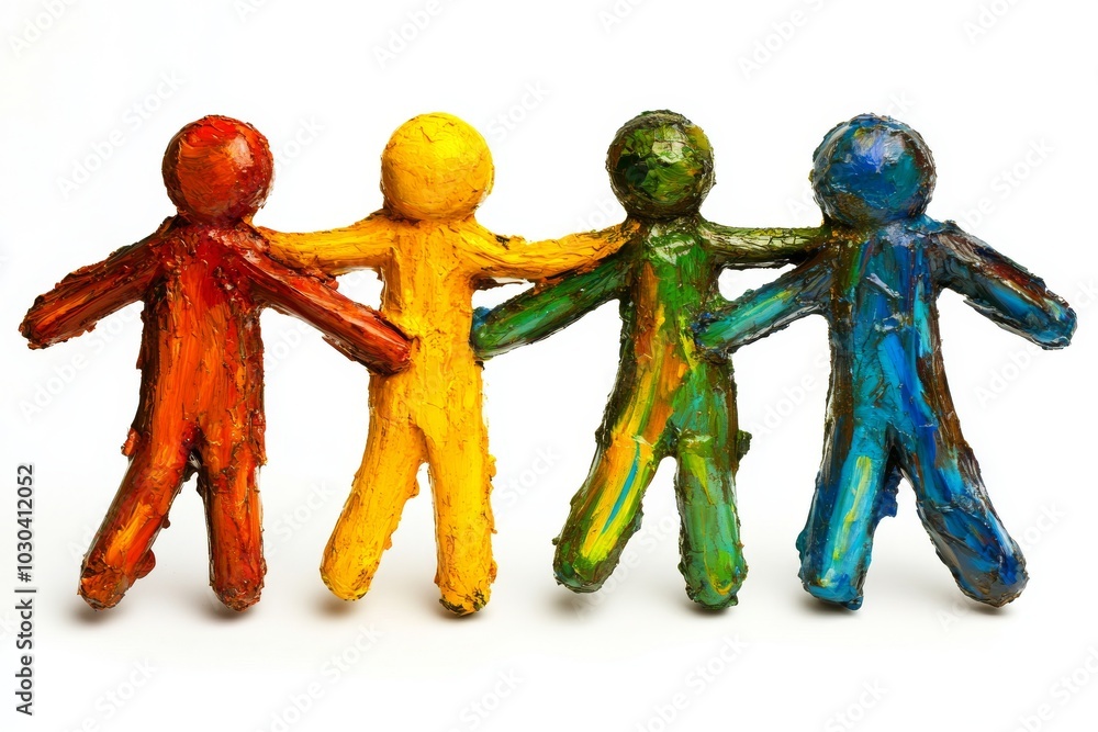 Poster vibrant handmade figures holding hands symbolizing unity diversity and community in a colorful playf