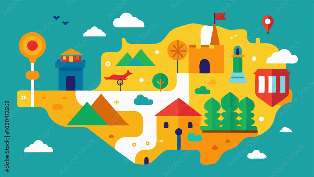 Poster visual storytelling map an illustrated colorful map that tells a visual story with distinctive artwo