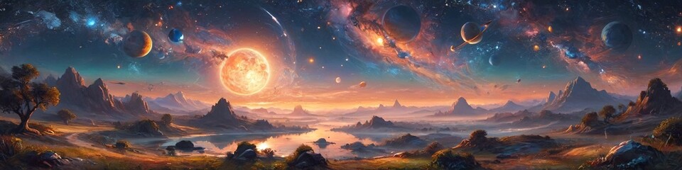 A dreamy celestial landscape where planets and stars dance together in harmony, casting a magical glow over a tranquil landscape, inspiring wonder and contemplation, Generative AI