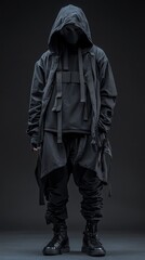 A person in a black hoodie and pants is standing in front of a black background. The person is wearing a black mask and has a black hood on their jacket. Scene is dark and mysterious