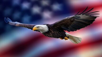 Naklejka premium Powerful bald wings extended and American flag in background.