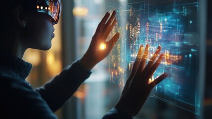 A woman wearing VR glasses interacts with a futuristic digital display.