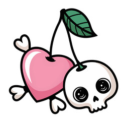 A stylized depiction of a cherry with a large pink heart attached to its stem. The cherry has a white skull face with large, dark eyes and a tiny
heart-shaped mouth.