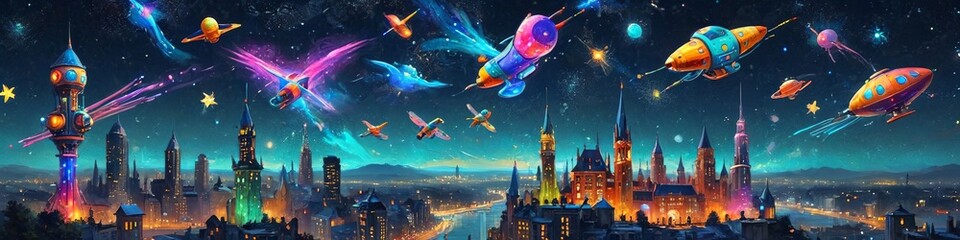 Fototapeta premium A whimsical night scene with colorful flying machines traversing a starry sky, where futuristic buildings stand tall, creating a sense of magic and excitement, Generative AI