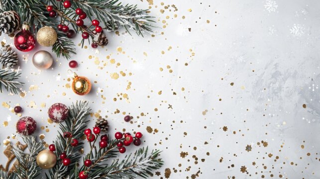 Festive Christmas-themed flat lay with pine branches, red berries, and golden confetti on white table. Perfect for holiday card design, seasonal greetings, and festive decorations. 