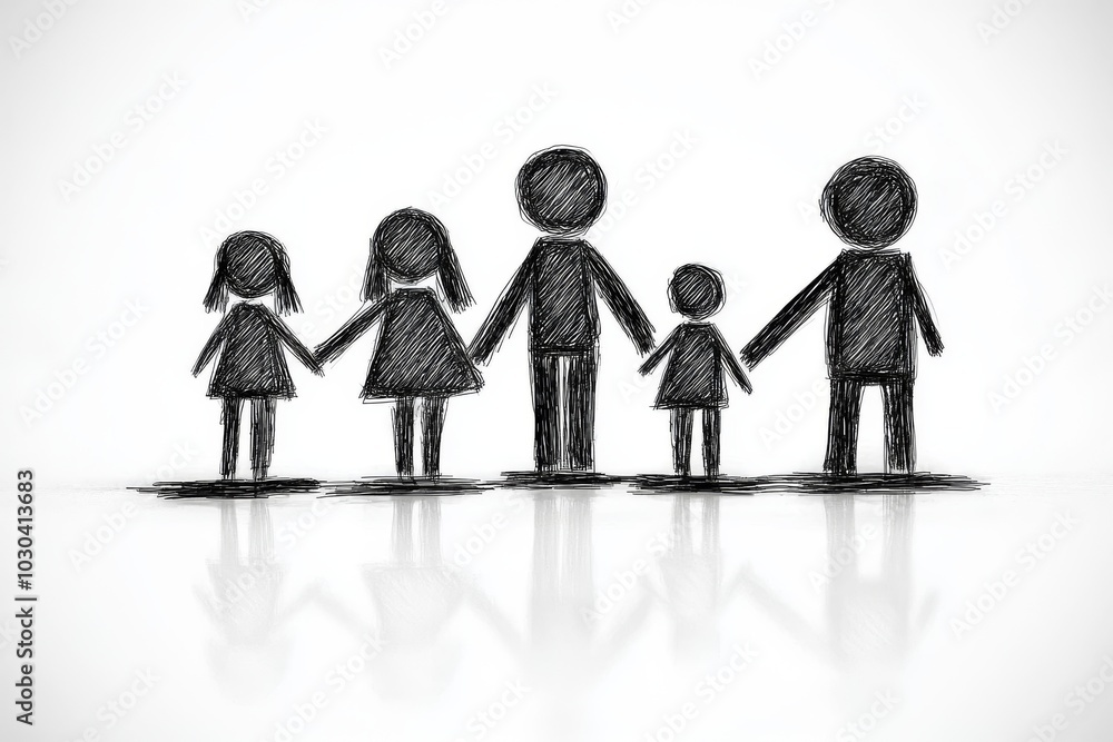 Poster family of five standing hand in hand illustrated in a textured black and white sketch symbolizing un
