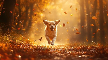 Fototapeta premium Joyful Dog Running on a Scenic Autumn Trail