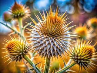 Obraz premium Remarkable dry thistle showcasing spiked spines, ideal for natural self-defense, presented in HDR for a vivid depiction of its beauty and sharpness.
