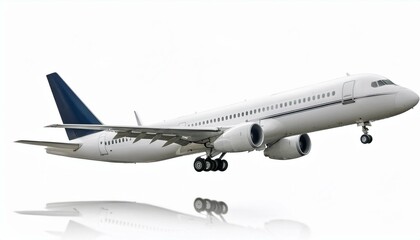 Obraz premium Side view of white commercial airplane in flight isolated on white. Travel and technology concept. 3D Rendering