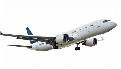 Obraz premium Side view of white commercial airplane in flight isolated on white. Travel and technology concept. 3D Rendering