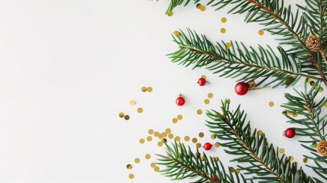 Festive Christmas-themed flat lay with pine branches, red berries, and golden confetti on white table. Perfect for holiday card design, seasonal greetings, and festive decorations. 