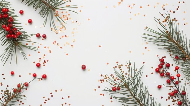 Festive Christmas-themed flat lay with pine branches, red berries, and golden confetti on white table. Perfect for holiday card design, seasonal greetings, and festive decorations. 