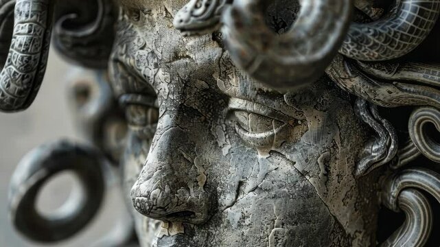 A close-up of Medusa's face, captured in a detailed sculpture