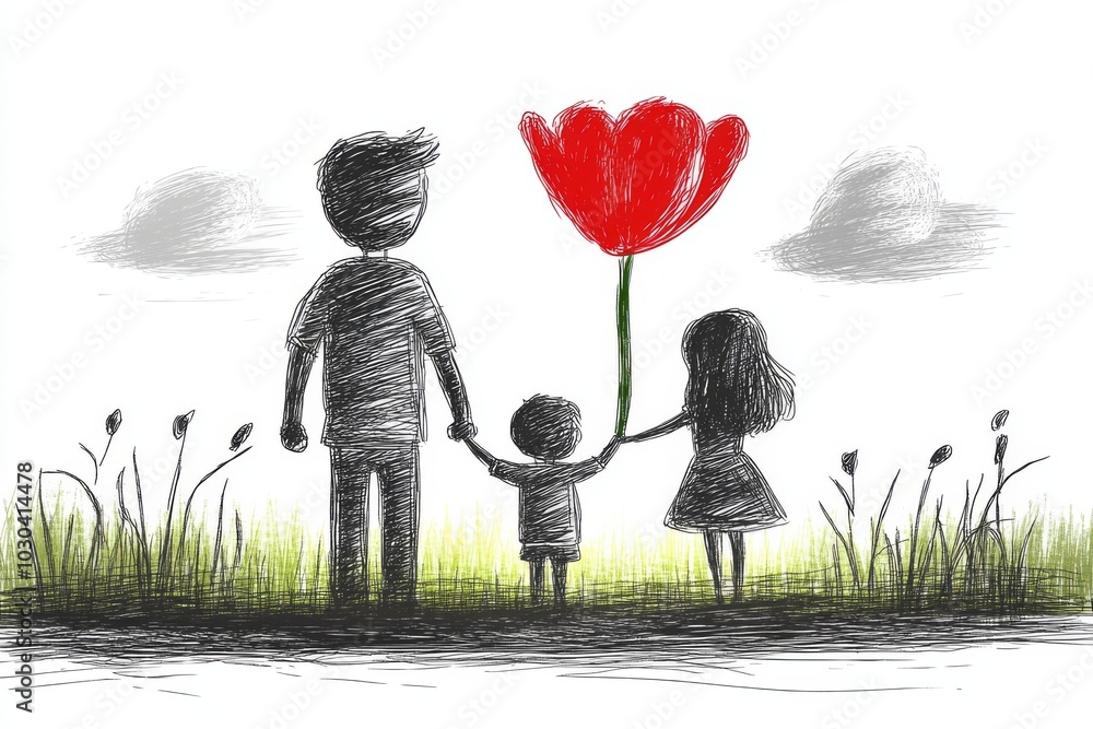 Poster minimalistic black and white sketch of a family holding hands with a large red flower in the backgro