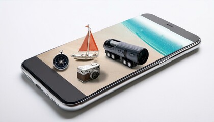Smartphone with travel items on white background. 3D Rendering