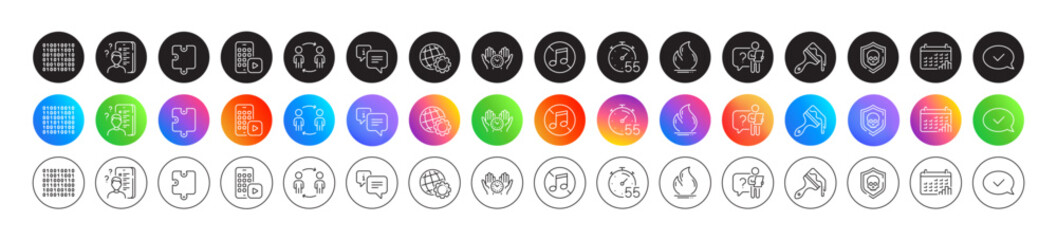 Brush, Workflow and Fire energy line icons. Round icon gradient buttons. Pack of Puzzle, Binary code, Calendar graph icon. Phone app, No music, Safe time pictogram. Timer, Cyber attack, Globe. Vector