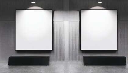Two blank white bright partitions with space for advertising poster or marketing campaign in industrial gallery hall with black benches on concrete floor and grey wall background. 3D rendering, mocku