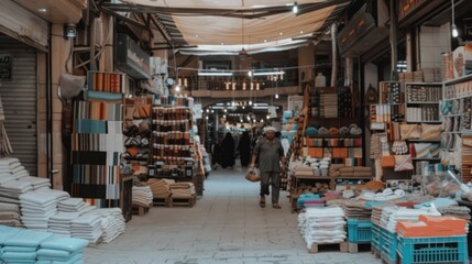 Obraz premium A Man Walking Through a Textile Market in the Middle East