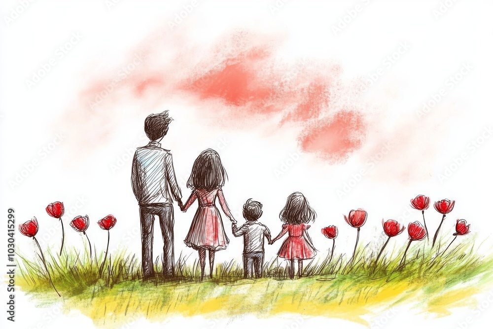 Poster Minimalistic illustration of a family of four walking through a peaceful landscape filled with poppies symbolizing unity love and tranquility in a soft serene setting